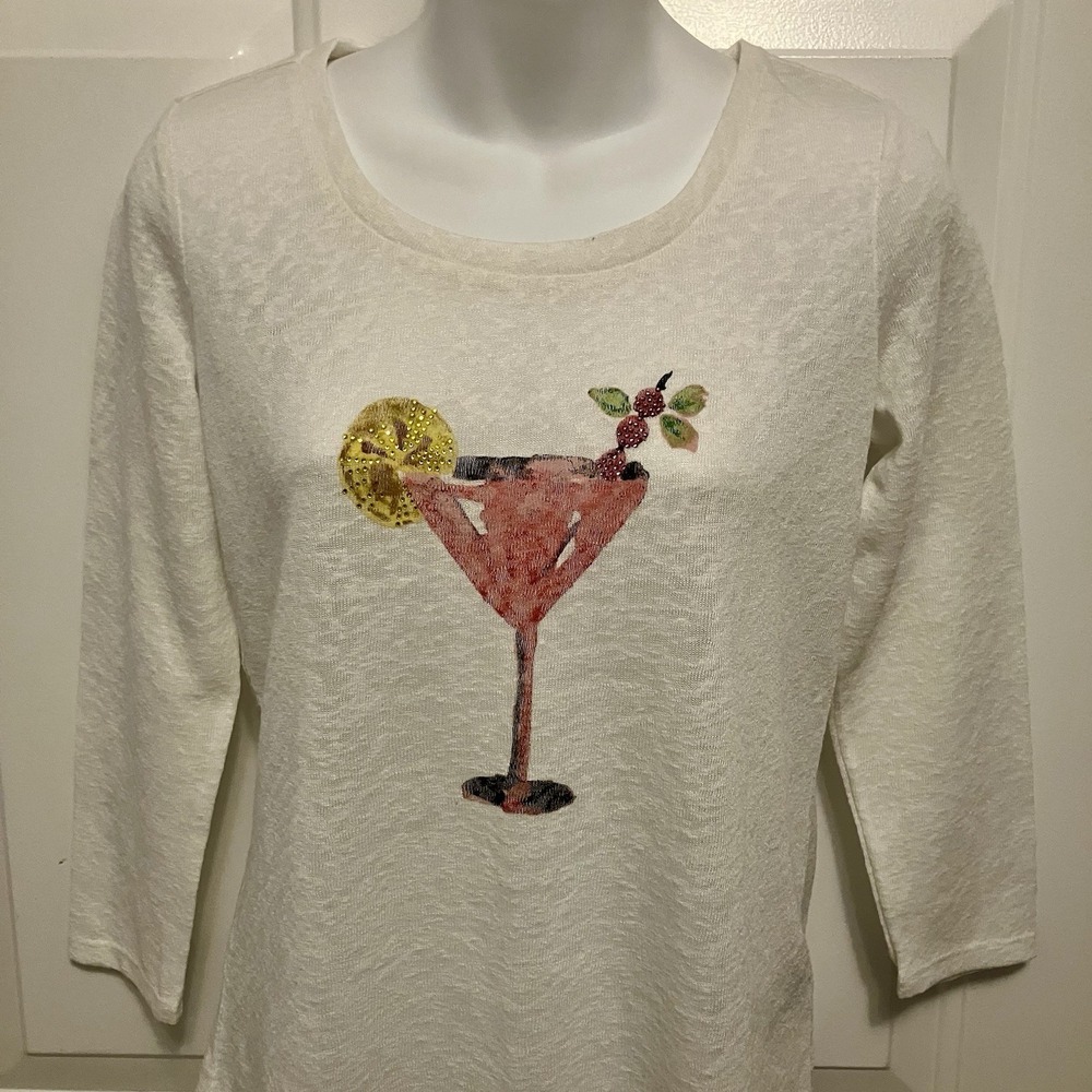 Max Jeans Top Sz XS‎ Small Ivory Pink Martini Cocktail 3/4 Sleeve Women's Shirt